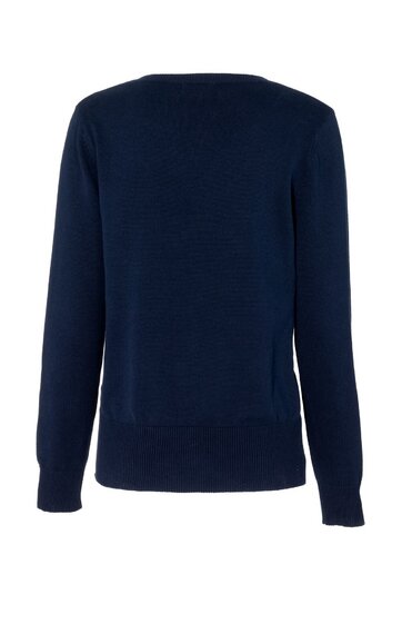 Dunkelblauer Pullover, langärmlig, Rundhalsausschnitt, gerade geschnitten, ohne Muster, Rückansicht