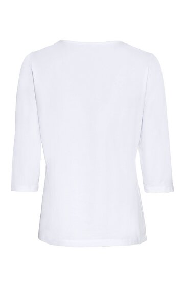 Weißes Shirt für Damen, dreiviertellange Ärmel, rundhalsausschnitt, gerade geschnitten, ohne Muster, Rückansicht
