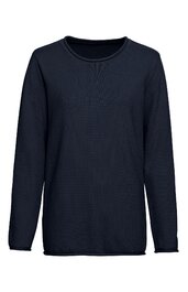 Dunkelblaues Langarmshirt, rundhals, schlicht, gerade geschnitten, ohne Muster oder Verzierungen