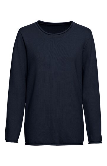Dunkelblaues Langarmshirt, rundhals, schlicht, gerade geschnitten, ohne Muster oder Verzierungen
