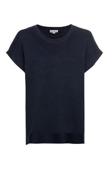 Dunkelblaues Kurzarmshirt, rundhalsausschnitt, glatte Oberfläche, gerade geschnitten, ohne Muster oder Aufdruck