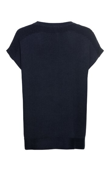 Dunkelblauer, ärmelloser Pullover mit überschnittenen Schultern, geripptes Bündchen am Saum, gerader Schnitt, Rückansicht