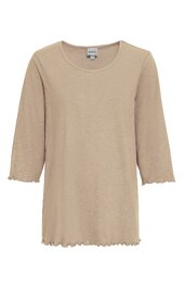 Beiges Langarmshirt ohne Muster, Rundhalsausschnitt, leicht ausgestellte Ärmel mit kleinen Wellenkanten, gerade geschnitten, locker fallend
