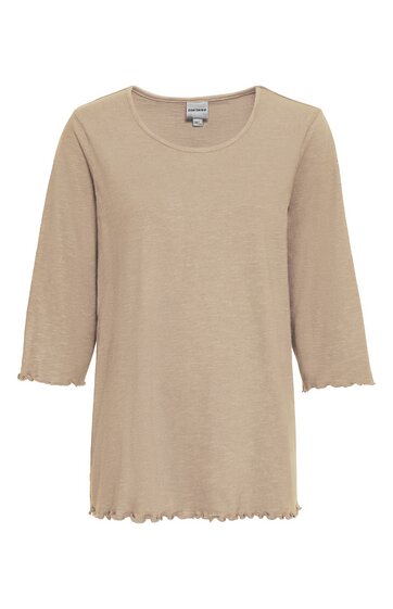 Beiges Langarmshirt ohne Muster, Rundhalsausschnitt, leicht ausgestellte Ärmel mit kleinen Wellenkanten, gerade geschnitten, locker fallend