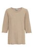 Beiges Langarmshirt ohne Muster, Rundhalsausschnitt, leicht ausgestellte Ärmel mit kleinen Wellenkanten, gerade geschnitten, locker fallend