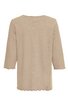 Beiges Shirt mit 3 4 Ärmeln, glatter Oberfläche, rundem Halsausschnitt, leicht gewelltem Saum an Ärmeln und unterem Rand, gerade geschnitten