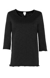 Schwarzes Langarmshirt, rundhalsausschnitt, leicht gewellte Ärmelenden und Saum, schmale Passform