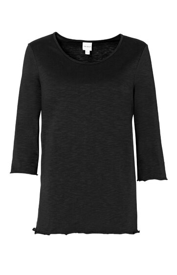 Schwarzes Langarmshirt, rundhalsausschnitt, leicht gewellte Ärmelenden und Saum, schmale Passform