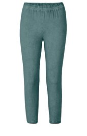 Grüne Hose mit elastischem Bund, glatter Oberfläche, gerade geschnitten, lang, ohne sichtbare Taschen oder Verzierungen