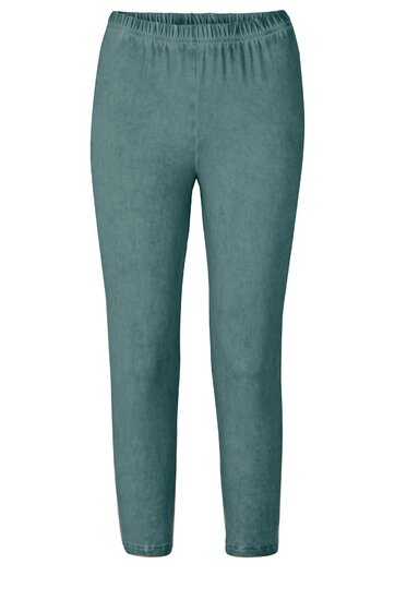 Grüne Hose mit elastischem Bund, glatter Oberfläche, gerade geschnitten, lang, ohne sichtbare Taschen oder Verzierungen