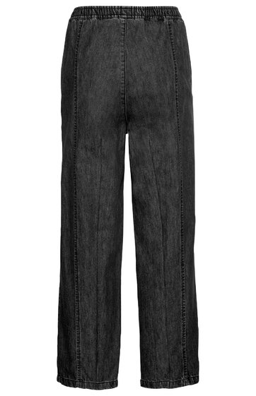 Schwarze Jeanshose mit geradem Schnitt, elastischem Bund, ohne sichtbare Taschen oder Verschlüsse, lang, aus glattem Stoff, gerade geschnitten