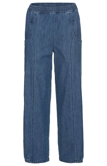 Blaue Jeanshose mit elastischem Bund, geradem Bein, zwei seitlichen Eingrifftaschen, sichtbaren Nähten entlang der Beinmitte, ohne sichtbare Verschlüsse
