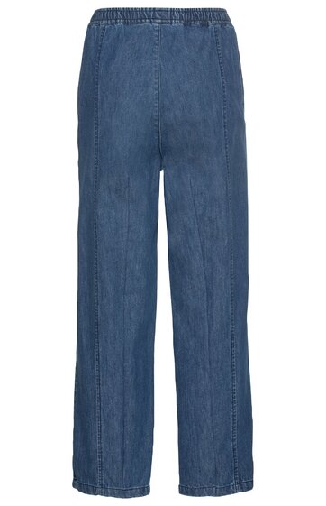Dunkelblaue Jeanshose, gerade geschnitten, elastischer Bund ohne Verschluss, ohne sichtbare Taschen oder Verzierungen