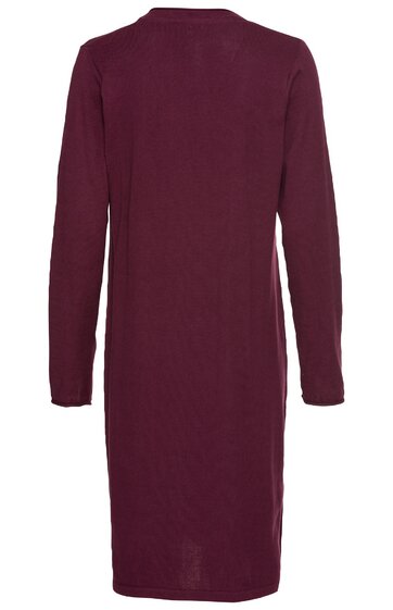 Einfarbiges, dunkelrotes Kleid, langärmelig, gerade geschnitten, knielang, ohne sichtbare Muster oder Verzierungen, ohne erkennbare Öffnungen, Rückansicht