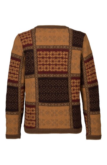 Pullover in Braun- und Beigetönen, rechteckiges Patchworkmuster mit kleinen geometrischen Motiven, Rundhalsausschnitt, lange Ärmel, gerade geschnitten