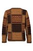 Pullover in Braun- und Beigetönen, rechteckiges Patchworkmuster mit kleinen geometrischen Motiven, Rundhalsausschnitt, lange Ärmel, gerade geschnitten