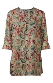 Damenbluse beige mit buntem floralen Muster, Rundhalsausschnitt mit kurzer Knopfleiste, 3/4-lange Ärmel, lockere Passform, Seitenschlitze am Saum