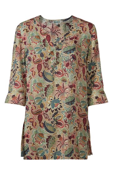 Damenbluse beige mit buntem floralen Muster, Rundhalsausschnitt mit kurzer Knopfleiste, 3/4-lange Ärmel, lockere Passform, Seitenschlitze am Saum