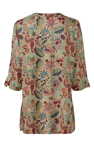 Beige Bluse mit buntem Blumenmuster in Rot, Blau, Grün und Gelb, Rundhalsausschnitt, 3/4-Ärmel mit Raffung am Ärmelabschluss, locker geschnitten