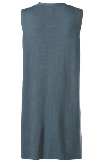 Ärmelloses, knielanges Kleid in staubblau, gerade geschnitten, rundhalsausschnitt, glatte Oberfläche, ohne sichtbare Muster oder Verzierungen