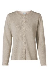 Beige Strickjacke, unifarben, Rundhalsausschnitt, durchgehende Knopfleiste mit fünf Knöpfen, lange Ärmel, gerade geschnitten