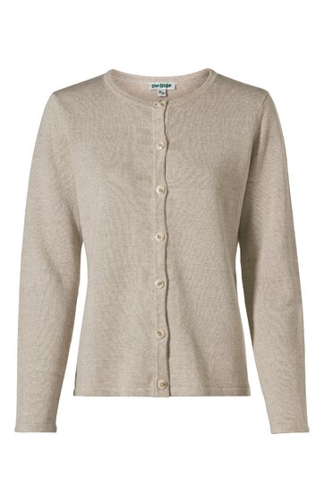 Beige Strickjacke, unifarben, Rundhalsausschnitt, durchgehende Knopfleiste mit fünf Knöpfen, lange Ärmel, gerade geschnitten
