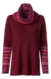 Langärmliger Pullover in Dunkelrot mit weitem Rollkragen, Ärmelbündchen und Kragen mit mehrfarbigem, gemustertem Strickmuster in Rosa- und Rottönen, gerade Form