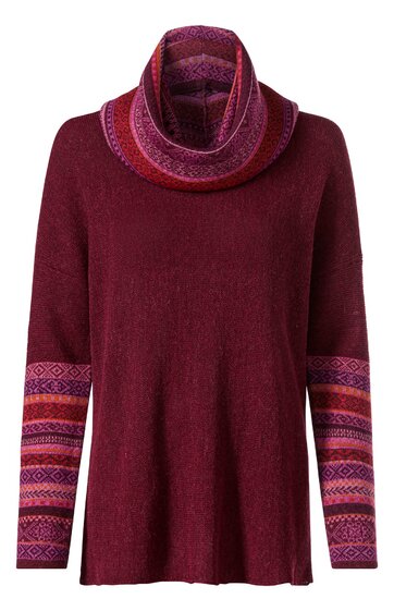 Langärmliger Pullover in Dunkelrot mit weitem Rollkragen, Ärmelbündchen und Kragen mit mehrfarbigem, gemustertem Strickmuster in Rosa- und Rottönen, gerade Form