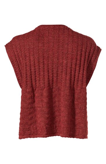 Ärmelloses Strickoberteil in ziegelroter Farbe, strukturierte Oberflächenmuster, breite Schultern, gerader Saum
