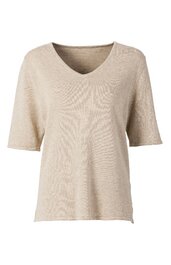 Beiges T-Shirt mit V-Ausschnitt, kurze Ärmel, gerade geschnittener Saum, locker fallend
