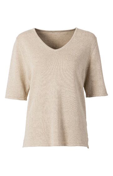 Beiges T-Shirt mit V-Ausschnitt, kurze Ärmel, gerade geschnittener Saum, locker fallend