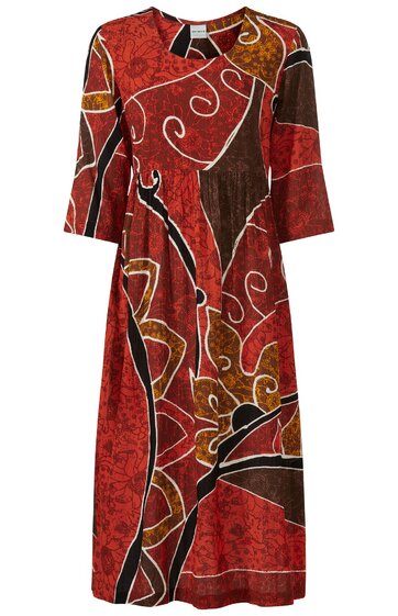 Langärmliges Kleid in Rostrot mit braunen und schwarzen abstrakten Mustern, weiße geschwungene Linien, rundem Ausschnitt, knielang, gerade geschnitten