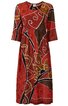 Langärmliges Kleid in Rostrot mit braunen und schwarzen abstrakten Mustern, weiße geschwungene Linien, rundem Ausschnitt, knielang, gerade geschnitten