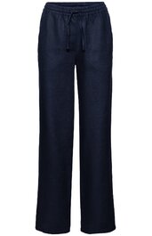 Dunkelblaue Freizeithose ohne Muster, gerade geschnitten, mit elastischem Bund und Bindeband, zwei seitlichen Taschen, lange Beine