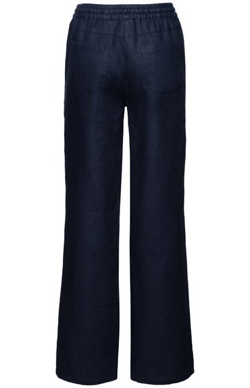 Dunkelblaue Stoffhose ohne Muster, gerade geschnittener langer Hosenbeinverlauf, elastischer Bund, fehlende sichtbare Taschen oder Knöpfe