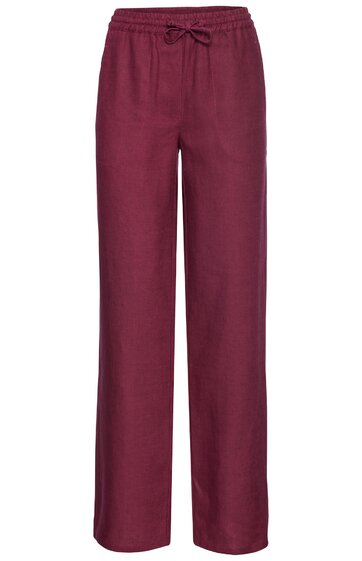 Hose in bordeauxrot, unifarben, gerader Schnitt, elastischer Bund mit Kordelzug, lange Hosenbeine