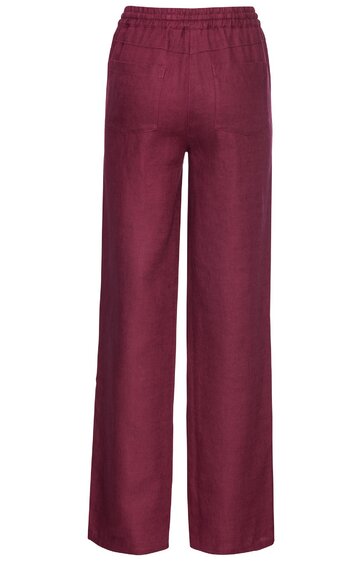 Bordeauxrote, gerade geschnittene Hose mit elastischem Bund, ohne sichtbare Taschen oder Verzierungen