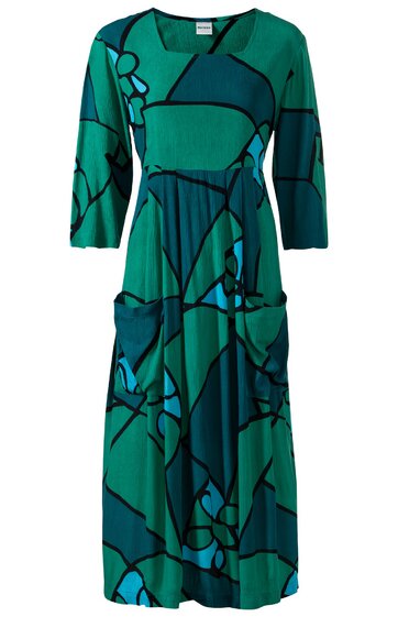 Grünes Midikleid mit abstraktem Muster in Dunkelgrün und Blau, V-Ausschnitt, 3/4-lange Ärmel, Taillengürtel, zwei aufgesetzte Taschen vorne, locker fallende Passform