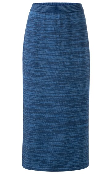 Blauer, knielanger Rock mit meliertem Strickmuster, elastischer Bund, gerade geschnitten