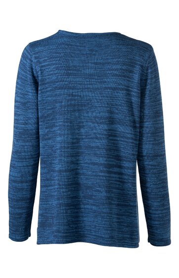 Langärmeliges Herrenpullover in meliertem dunkelblau, Rundhalsausschnitt, gerade geschnitten, Rückenansicht