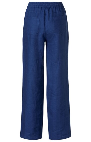 Dunkelblaue lange Hose mit weitem Bein, elastischem Bund, rechteckige Gesäßtasche, glatter Stoff, gerade geschnitten