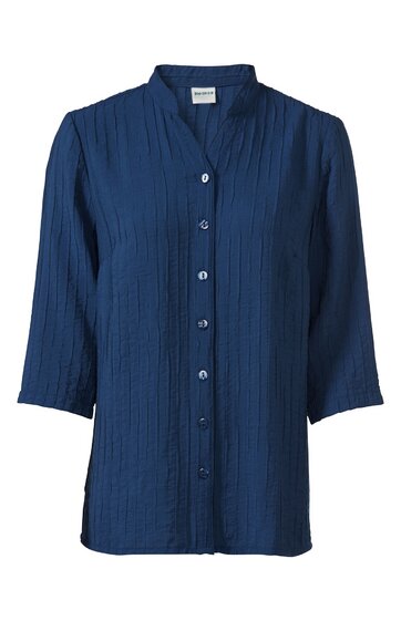 Dunkelblaue Bluse mit Stehkragen, durchgehender Knopfleiste, 3/4-Ärmeln, leichte Rippstruktur, gerade geschnitten