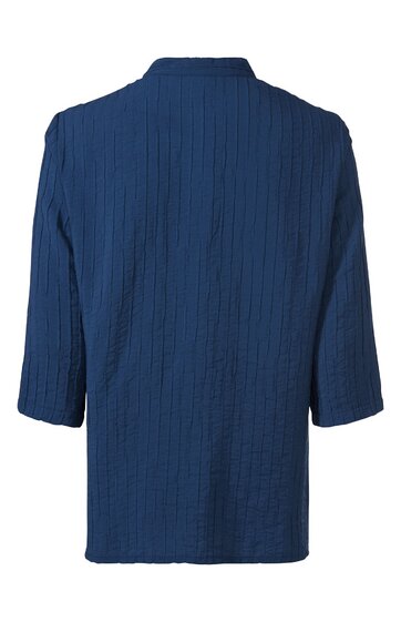 Blaues Oberteil mit langer Halbarm, durchgehende senkrechte Steppnähte, gerader Schnitt, Kragenlos, Rückansicht