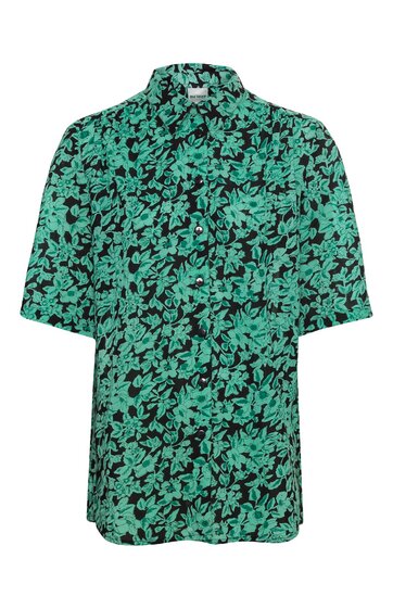 Kurzärmliges Hemd in grün und schwarz, florales Muster, durchgehende Knopfleiste, klassischer Hemdkragen, gerade Passform