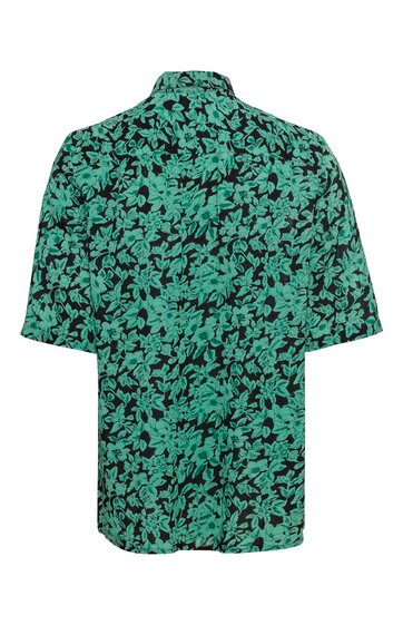 Kurzärmliges Hemd in Schwarz mit türkisfarbenem floralem Muster, Stehkragen, lockere Passform, Rückansicht