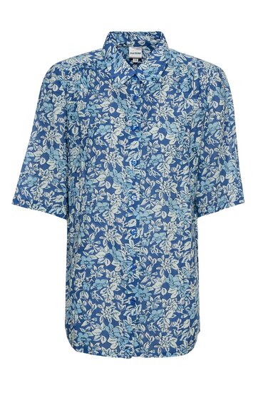 Herrenhemd blau mit weißem Blumenmuster, kurzärmlig, Kragen, durchgehende Knopfleiste, gerade geschnitten