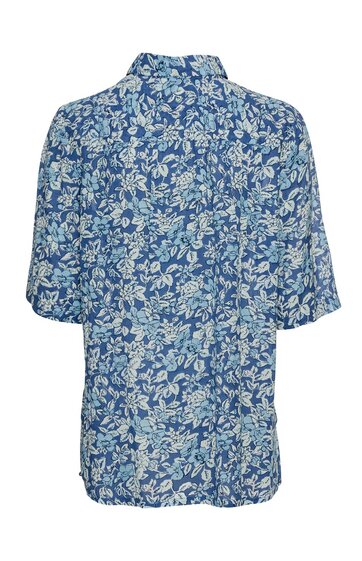 Blaues Hemd mit weißem Blumenmuster, Kragen, kurze Ärmel, durchgehende Knopfleiste, gerade geschnitten