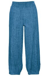 Locker geschnittene, blaue Hose mit elastischem Bund, glattem Stoff, weitem Bein, Bündchen unten, ohne Muster, ohne sichtbare Verschlüsse