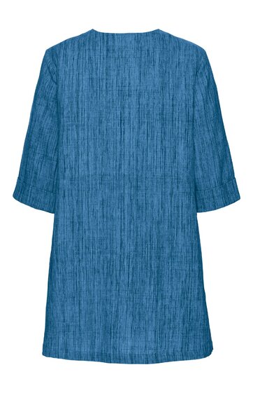 Blaues Tunikaoberteil mit feinem Streifenmuster, rundem Halsausschnitt, dreiviertellangen Ärmeln, gerade geschnitten
