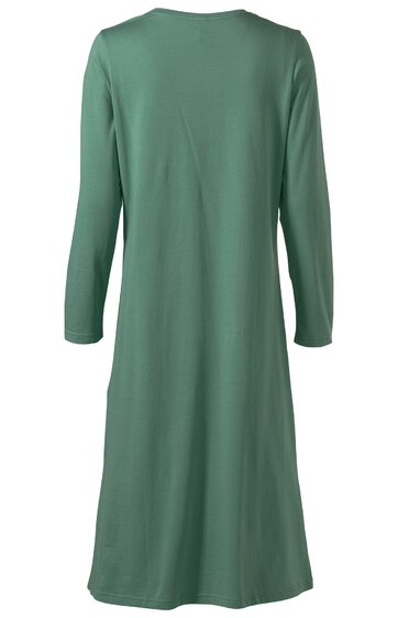 Langärmliges, knielanges Kleid in mattem Salbeigrün, rundhalsausschnitt, gerade geschnitten, ohne Muster, ohne sichtbare Verschlüsse